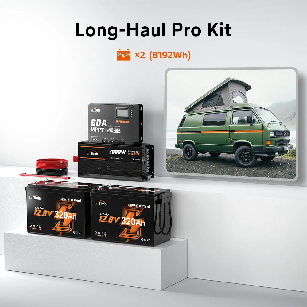 litime rv long-haul pro kit including 60a mppt, 3000w inverter and 2 12v 320ah mini powering 8192wh
