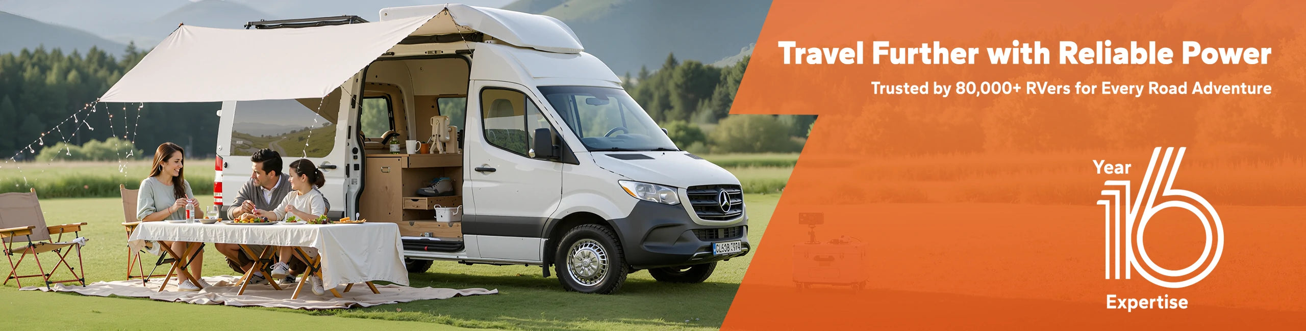 Banner showcasing LiTime RV battery collection with a Class B camper van parked at a summer campsite