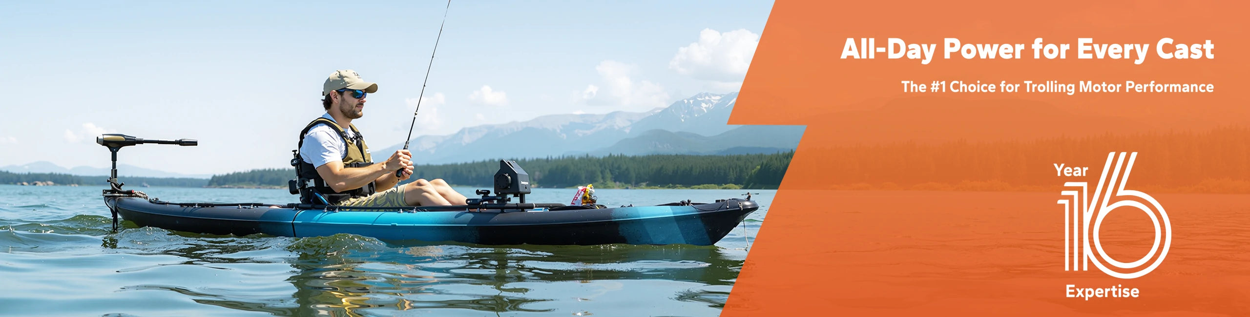 Banner showcasing LiTime trolling motor battery collection with a man fishing on his kayak boat