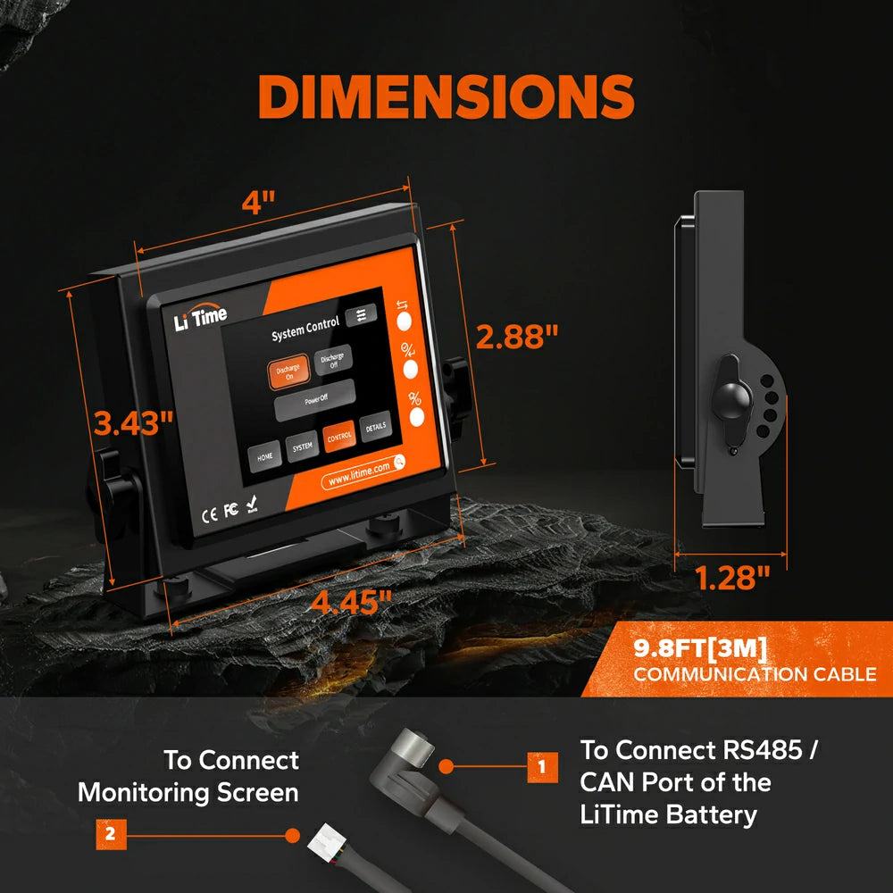 dimensions of LiTime golf cart battery rs485 monitor display
