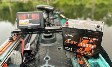 A LiTime group 24 lithium battery powers a large fish finder and trolling motor on a high-tech fishing kayak