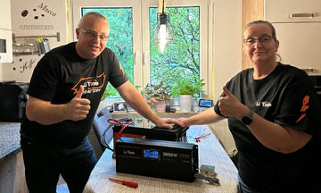 happy LiTime customers give thumbs up with their battery and inverter