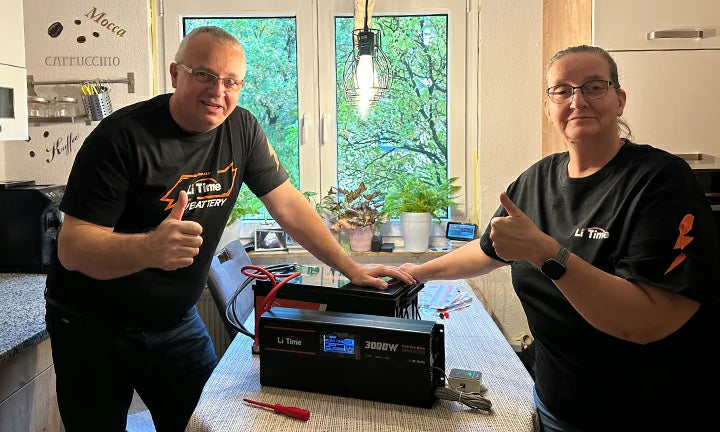 happy LiTime customers give thumbs up with their battery and inverter