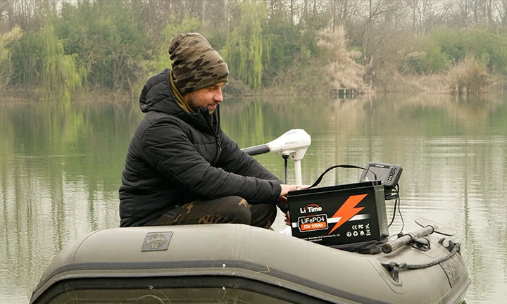 LiTime customer review with litime 12v 100ah lifepo4 battery in kayak showcasing the outdoor experience