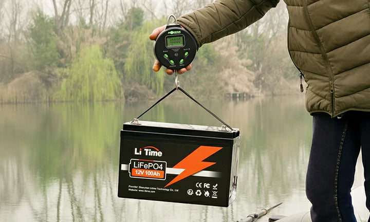 LiTime customer reviews featuring a user weighing a 12v 100ah lifepo4 battery