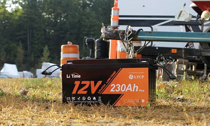 customer review image: LiTime 12V 230Ah Plus Low-Temp LiFePO4 battery shown in an off-grid setting