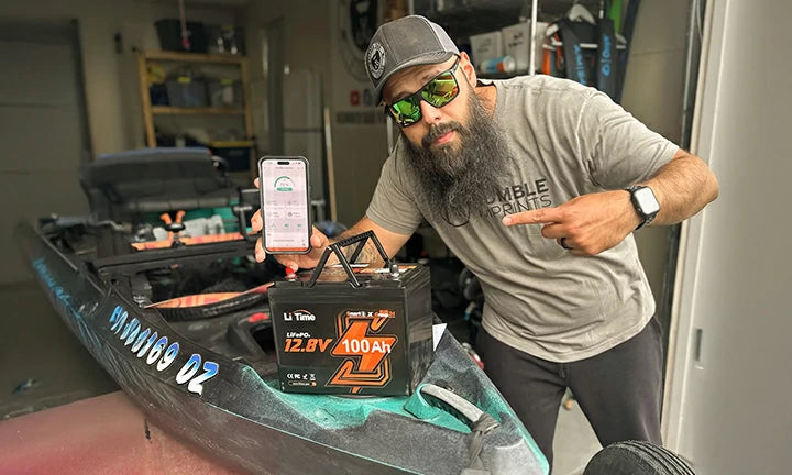 LiTime customer reviews showing a user with a 12V 100Ah battery and smartphone, showing bluetooth function