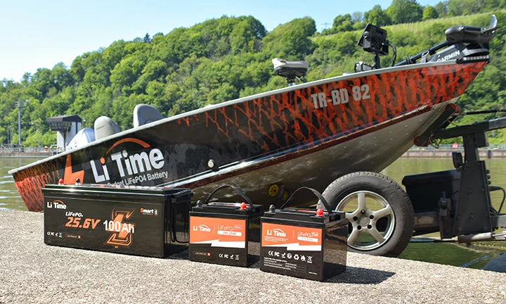 LiTime customer reviews display 25.6V 100Ah and other LiFePO4 batteries next to a boat