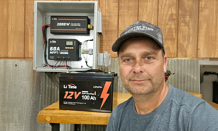 customer with LiTime 12V 100Ah battery, 60A MPPT charger, and 2000W inverter for a solid off-grid power system