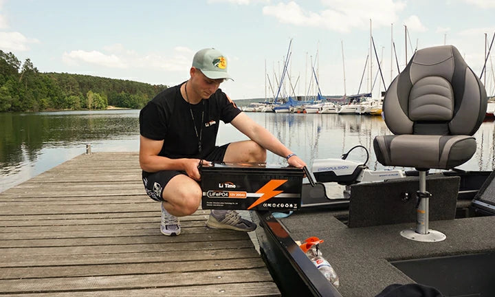 LiTime customer reviews featuring a user placing a 12V 100Ah LiFePO4 battery on a boat