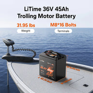 LiTime 36V 45Ah lithium trolling motor battery on boat deck with M8 terminals, 31.95 lbs, and 38.4V output
