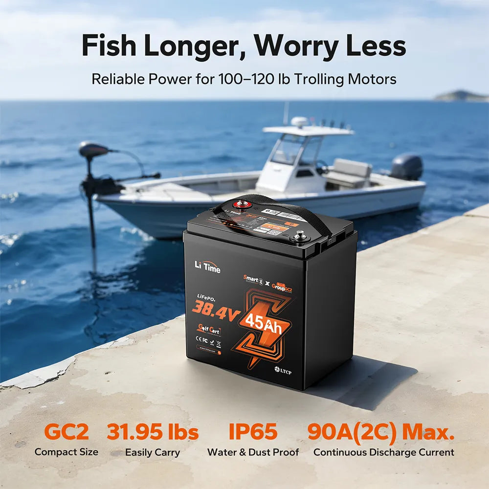 LiTime 36V 45Ah lithium trolling motor battery on boat dock, IP65, 31.95 lbs, 90A continuous discharge