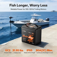 LiTime 36V 45Ah lithium trolling motor battery on boat dock, IP65, 31.95 lbs, 90A continuous discharge