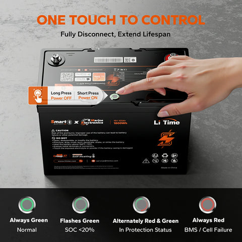 One touch control feature of LiTime 16V 100Ah lithium fish finder battery: easy operation with status indicators for lifespan extension