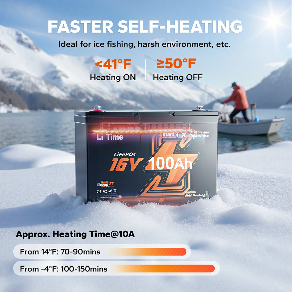 fast self-heating function of litime 16v 100ah lithium battery for marine fish finder