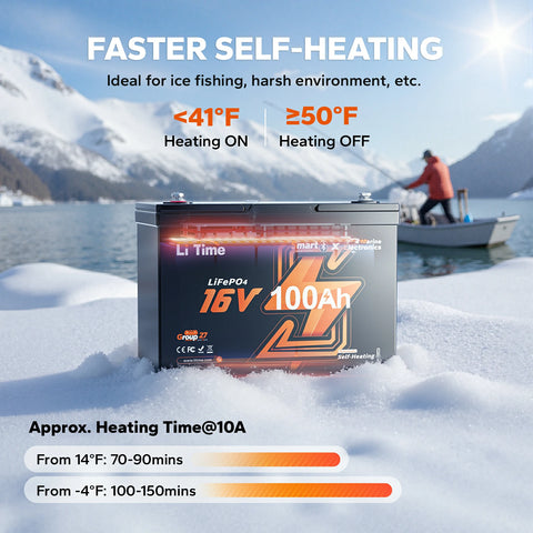 fast self-heating function of litime 16v 100ah lithium battery for marine fish finder