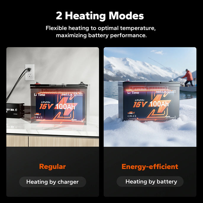 2 heating modes of litime 16v 100ah fish finder lifepo4 battery for optimal temperature and enhanced battery performance