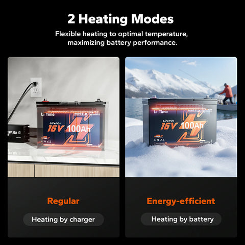 2 heating modes of litime 16v 100ah fish finder lifepo4 battery for optimal temperature and enhanced battery performance