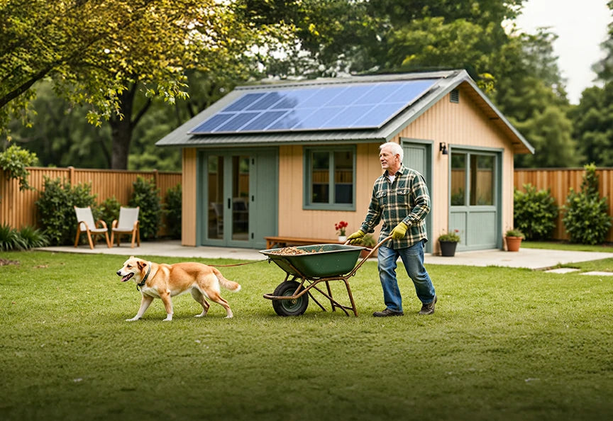 power off grid shed with litime litium deep cycle battery
