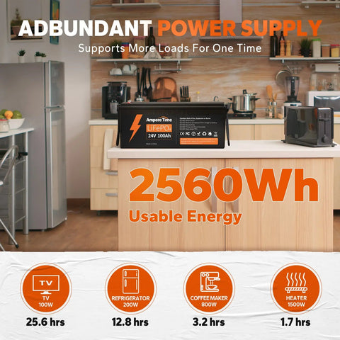Ampere Time 24V 100Ah, 2560Wh Lithium LiFePO4 Battery & Built in 100A BMS Ampere Time