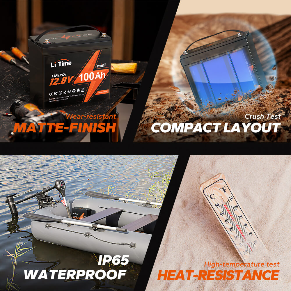 LiTime Mini LiFePO4 battery: IP65 waterproof, heat-resistant (120°F), crush-proof, wear-resistant matte finish