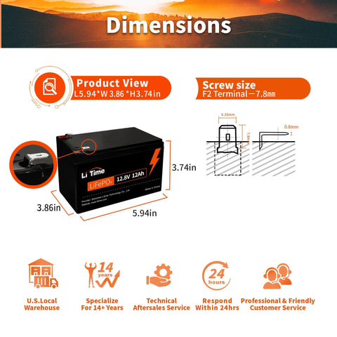 dimension information of LiTime 12V 12Ah LiFePO4 Lithium Battery