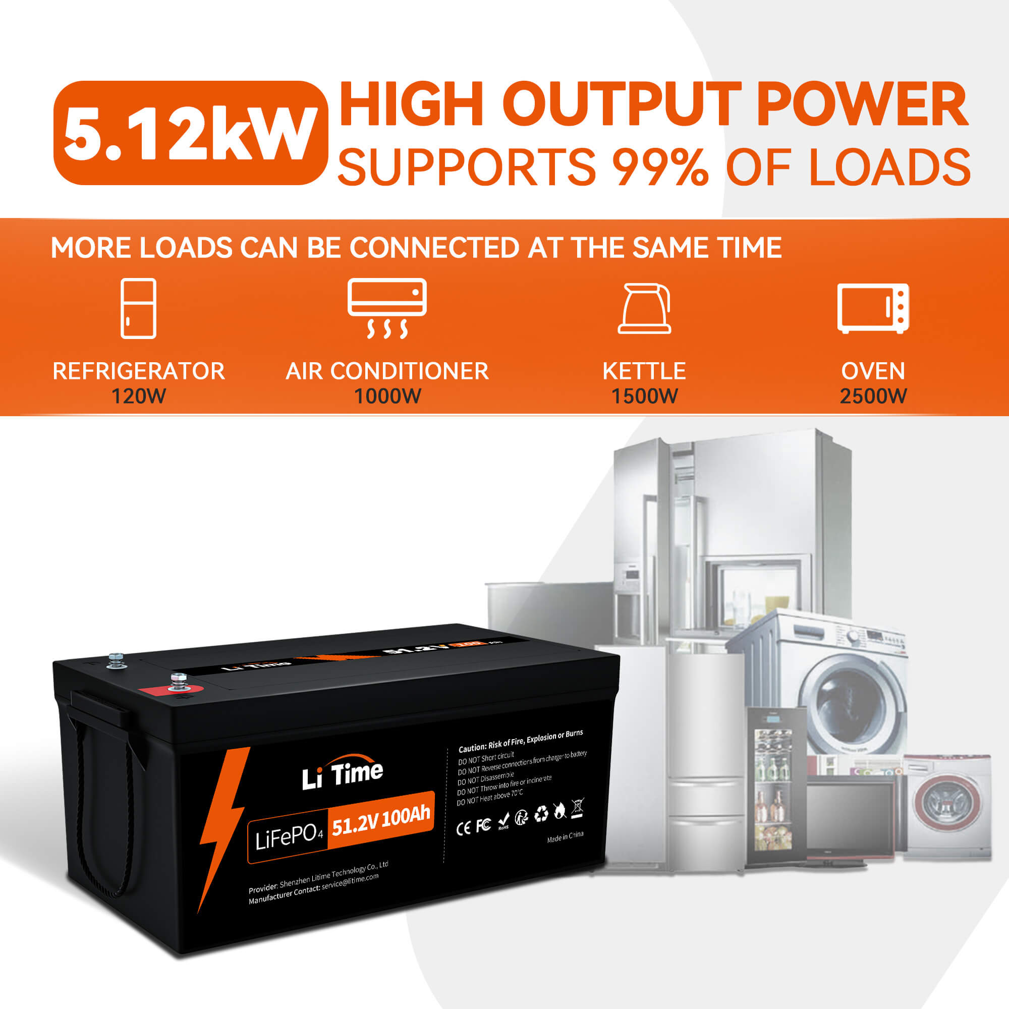 LiTime 51.2V 100Ah LiFePO4 Lithium Battery, Built-in 100A BMS, Max. 5120W  Load Power - 1 Pack 51.2V 100Ah