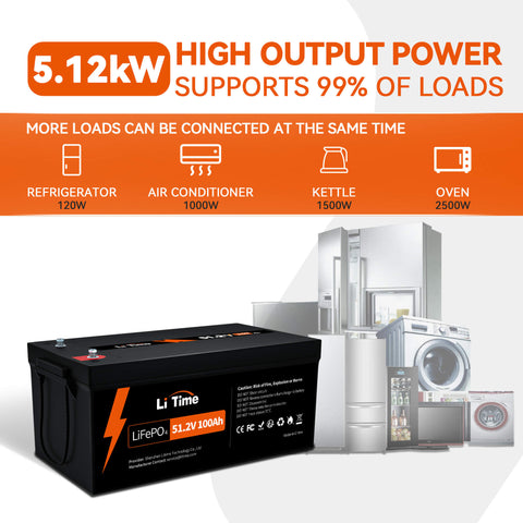 LiTime 51.2V 100Ah LiFePO4 Lithium Battery, Built-in 100A BMS, Max. 5120W Load Power